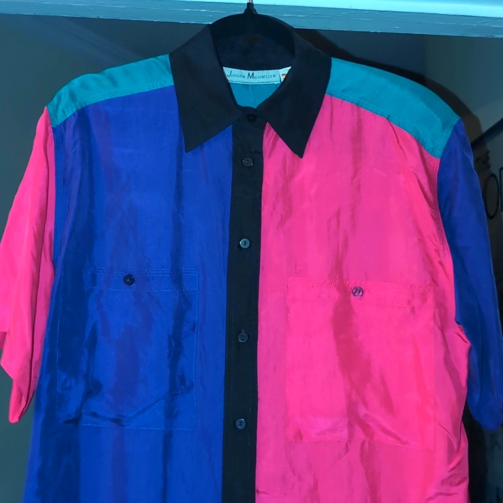 VINTAGE RARE Jurgen Michaelsen 100% SILK shirt. Colour Block 80's Size 40/42